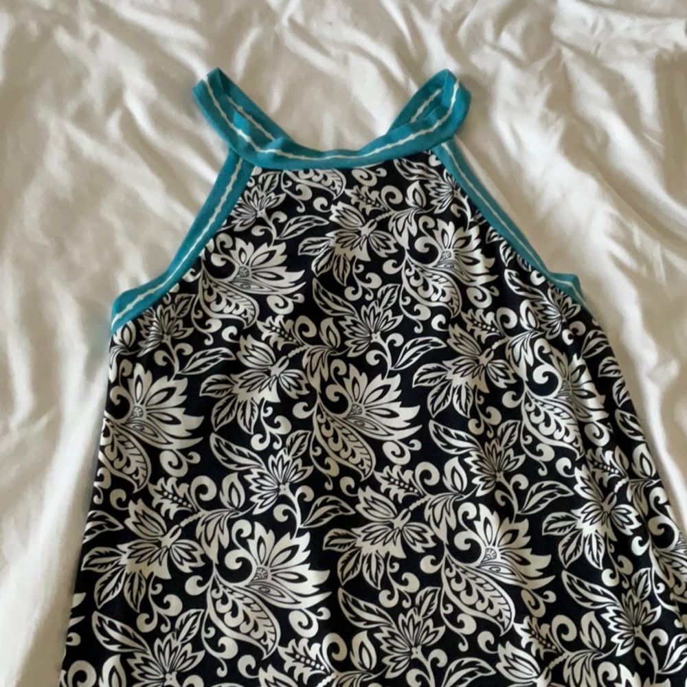 Navy blue white aqua print racer back maxi dress